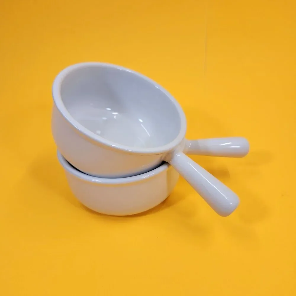 2 Le Creuset French Onion Handled Soup Bowls 1041 White Set Handle 5